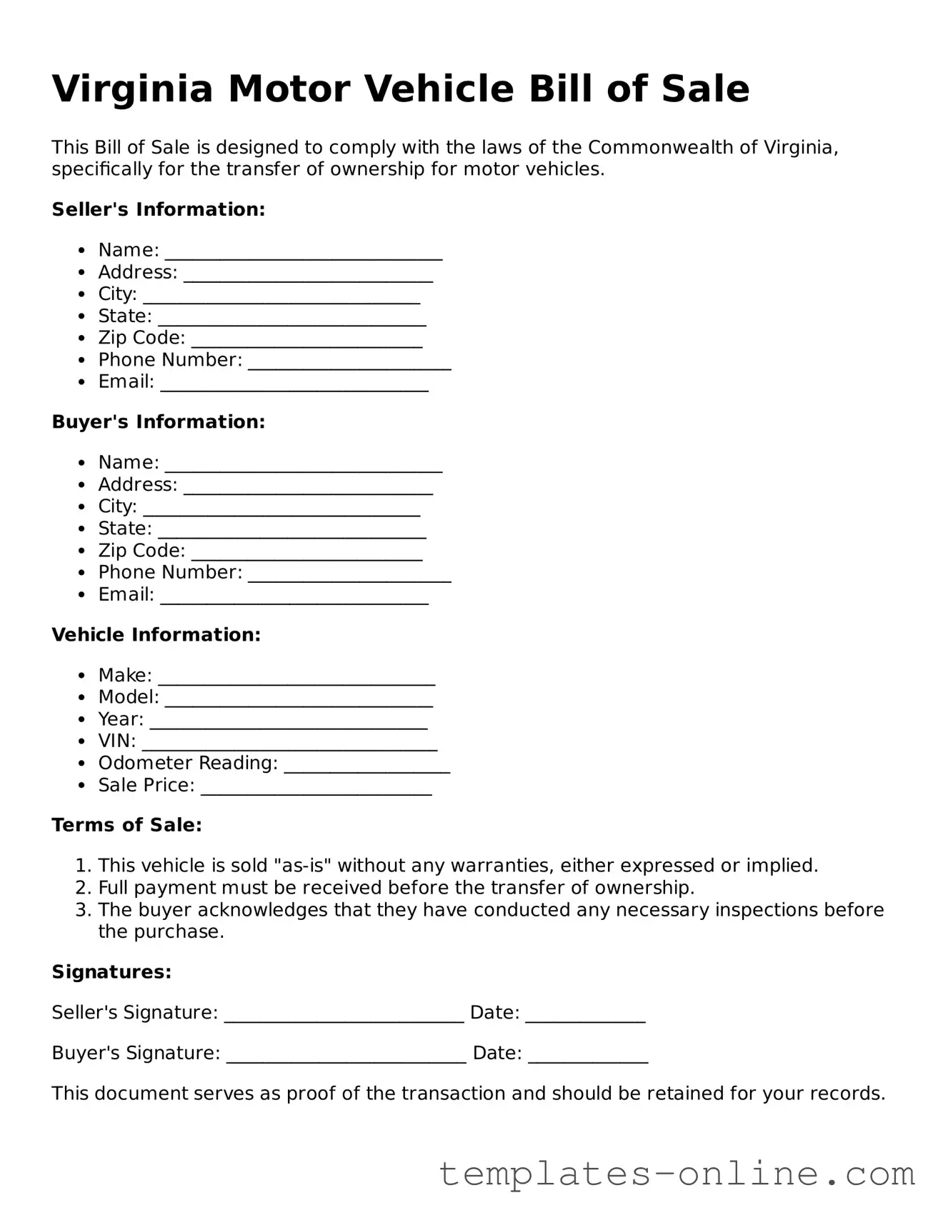 Valid  Motor Vehicle Bill of Sale Template for Virginia
