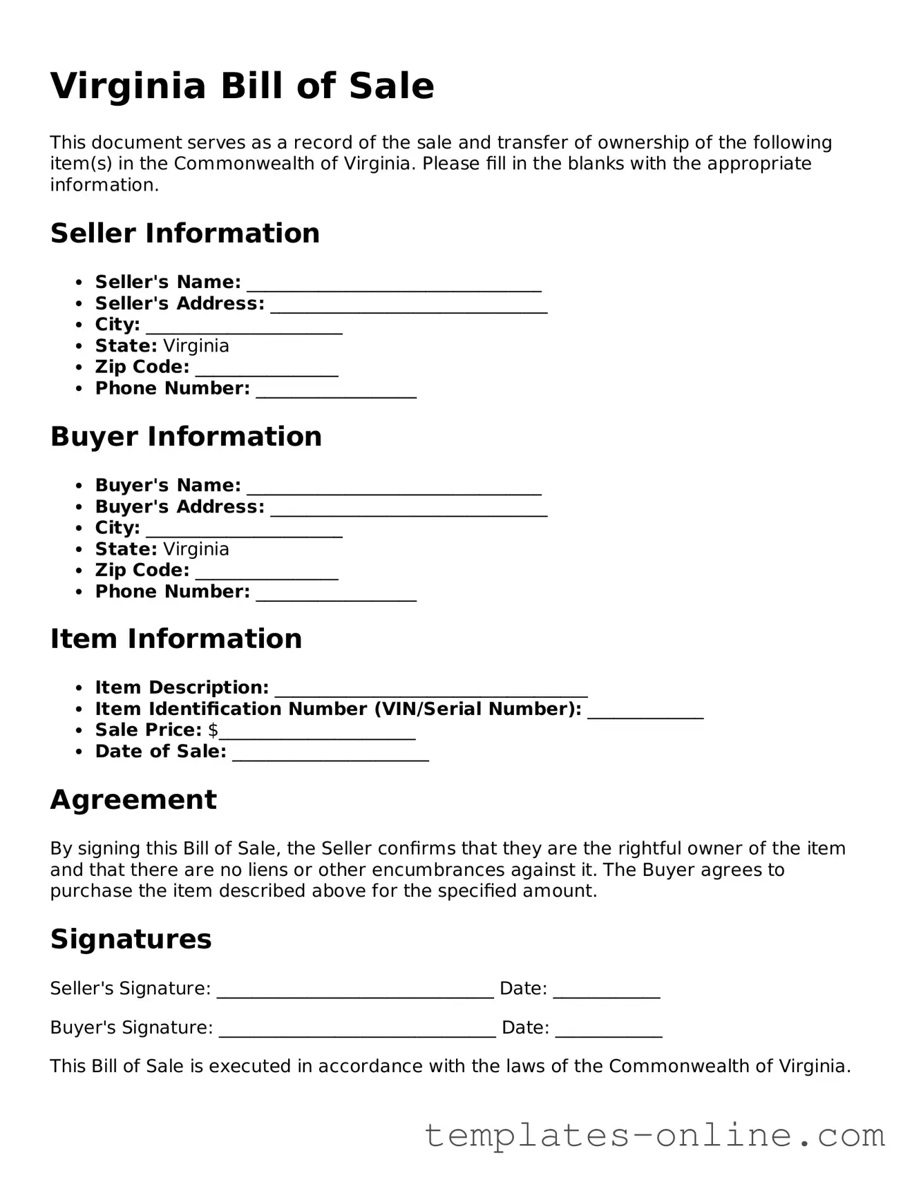 Valid  Bill of Sale Template for Virginia