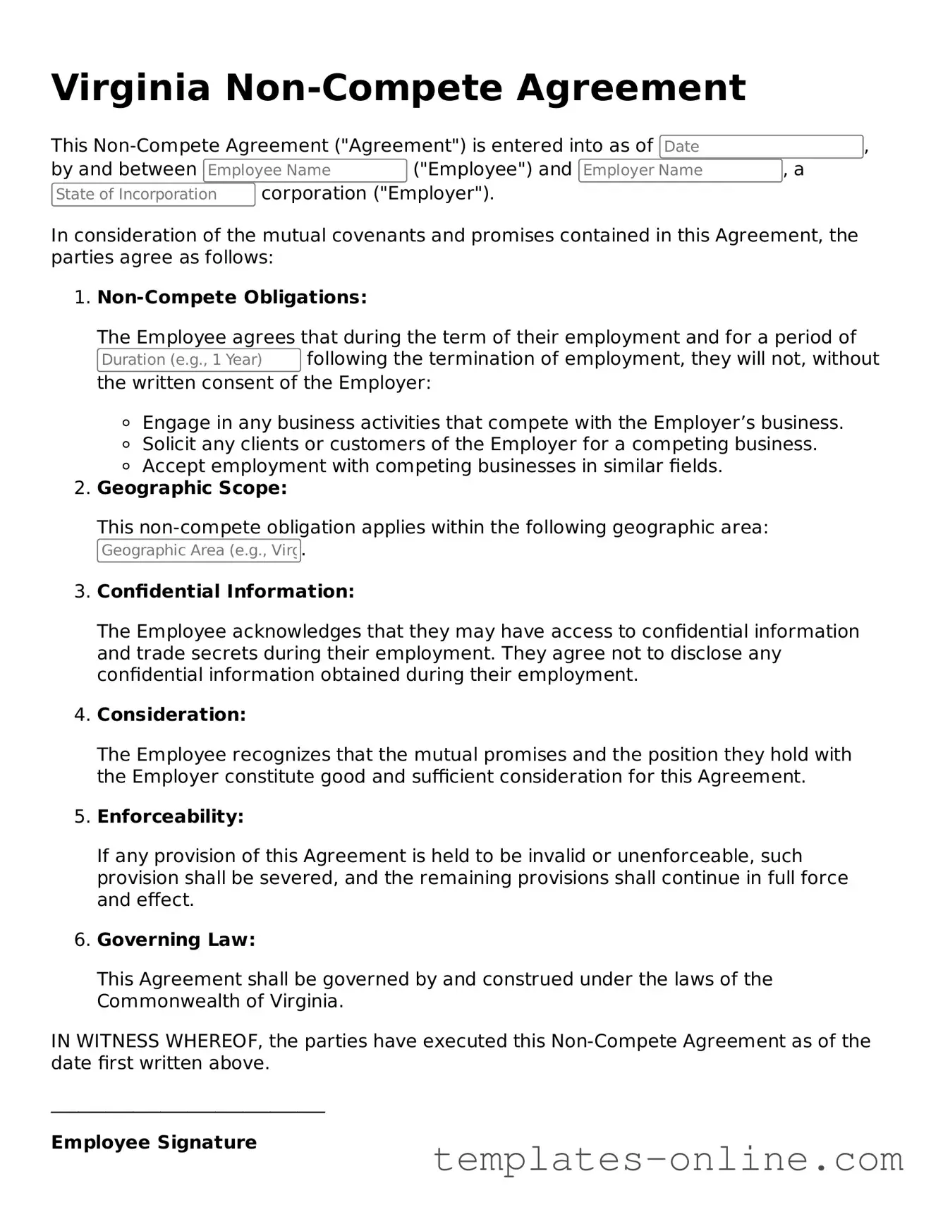 Valid  Non-compete Agreement Template for Virginia