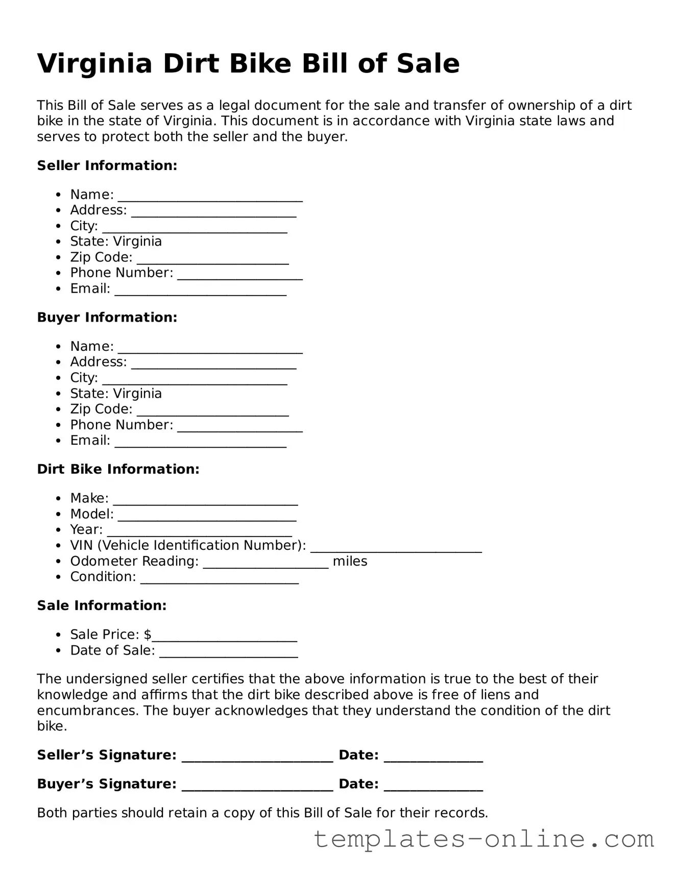 Valid  Dirt Bike Bill of Sale Template for Virginia