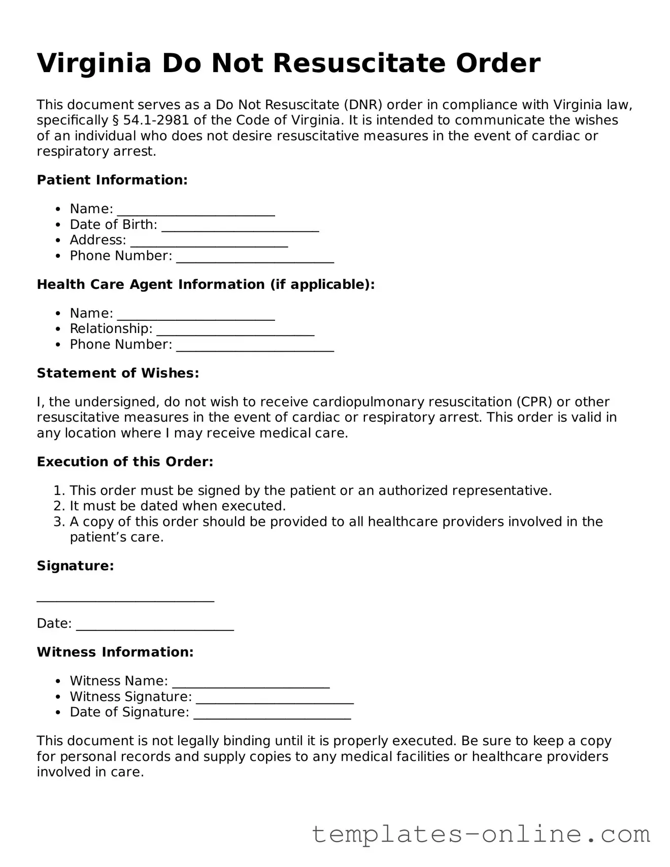 Valid  Do Not Resuscitate Order Template for Virginia