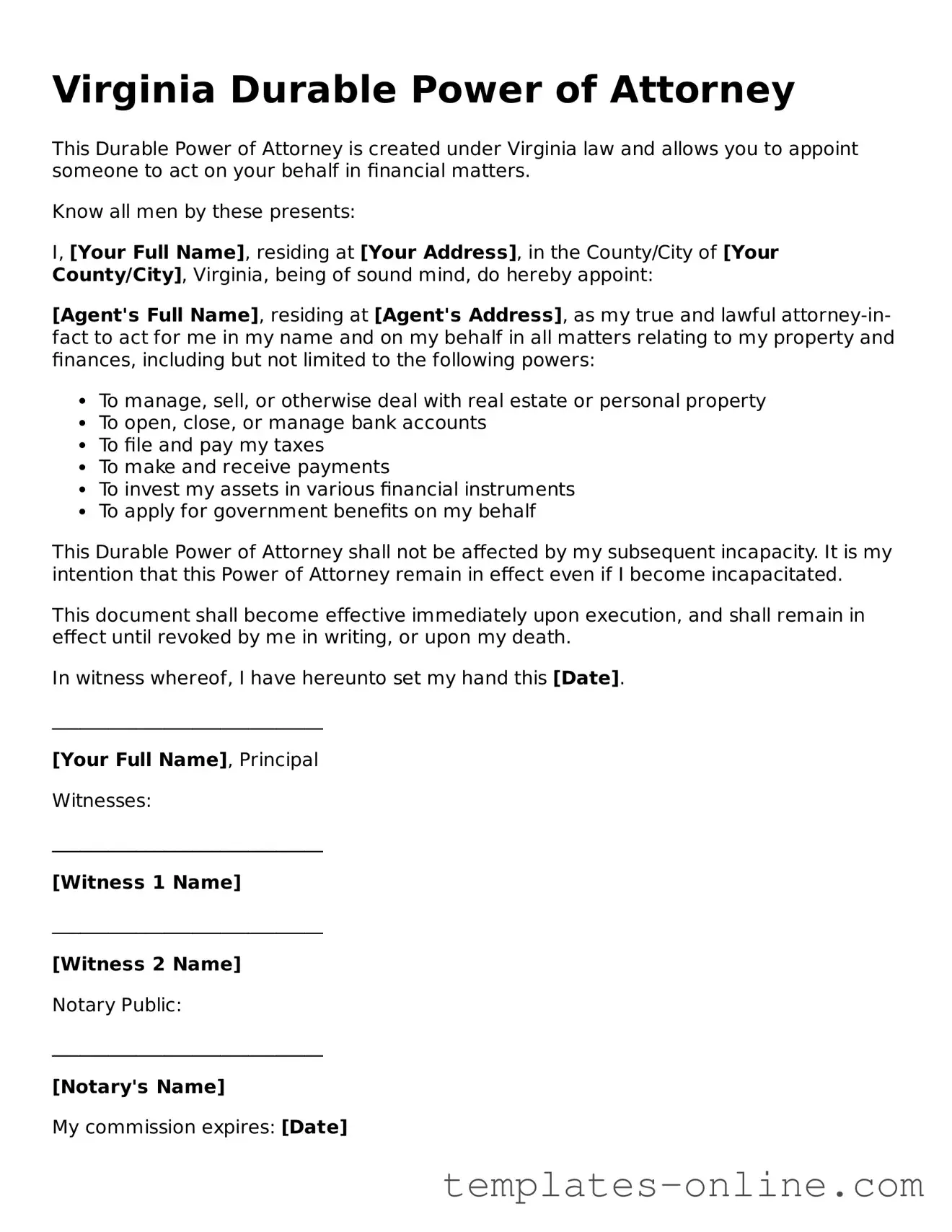 Valid  Durable Power of Attorney Template for Virginia