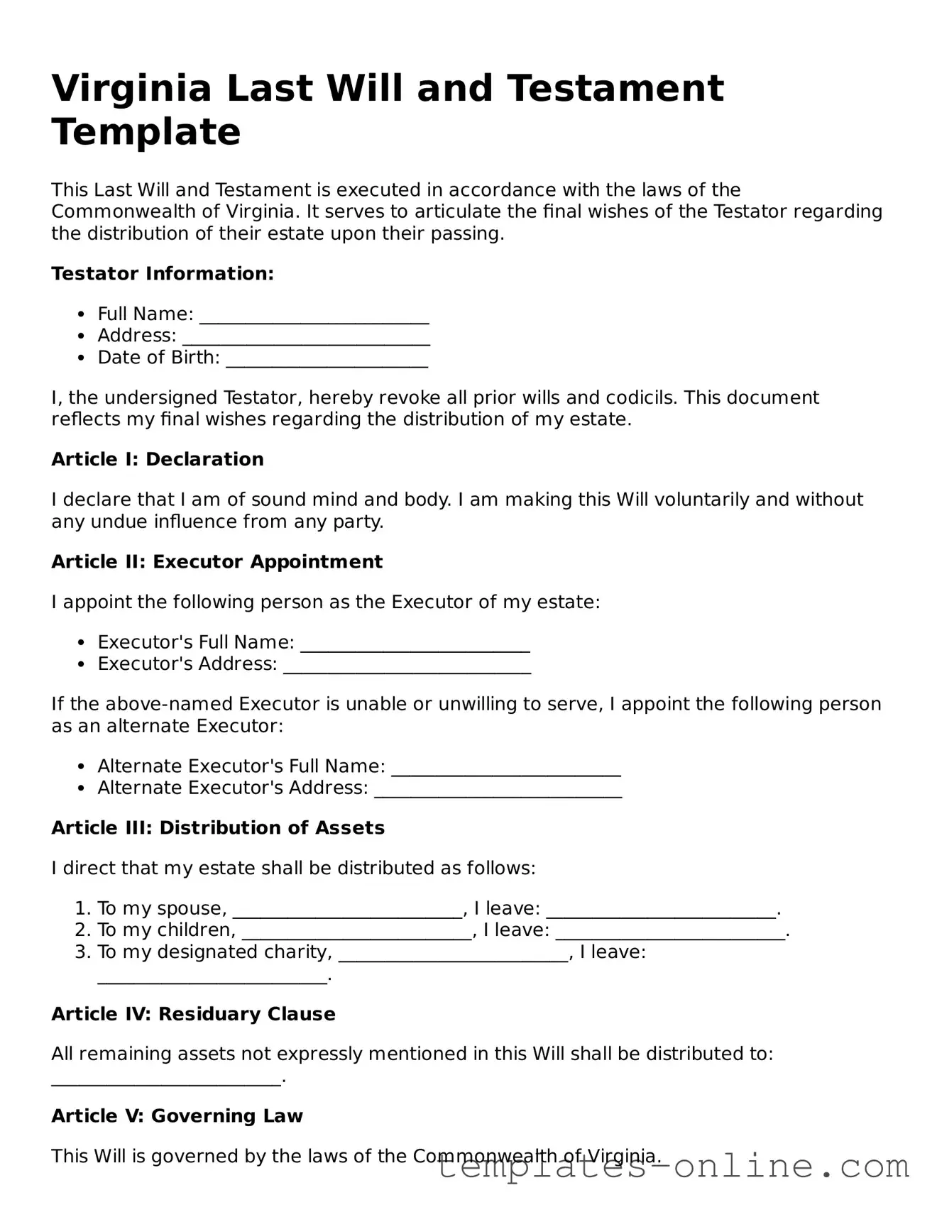 Valid  Last Will and Testament Template for Virginia