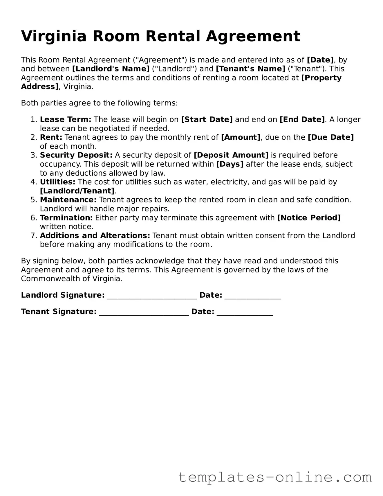 Valid  Room Rental Agreement Template for Virginia