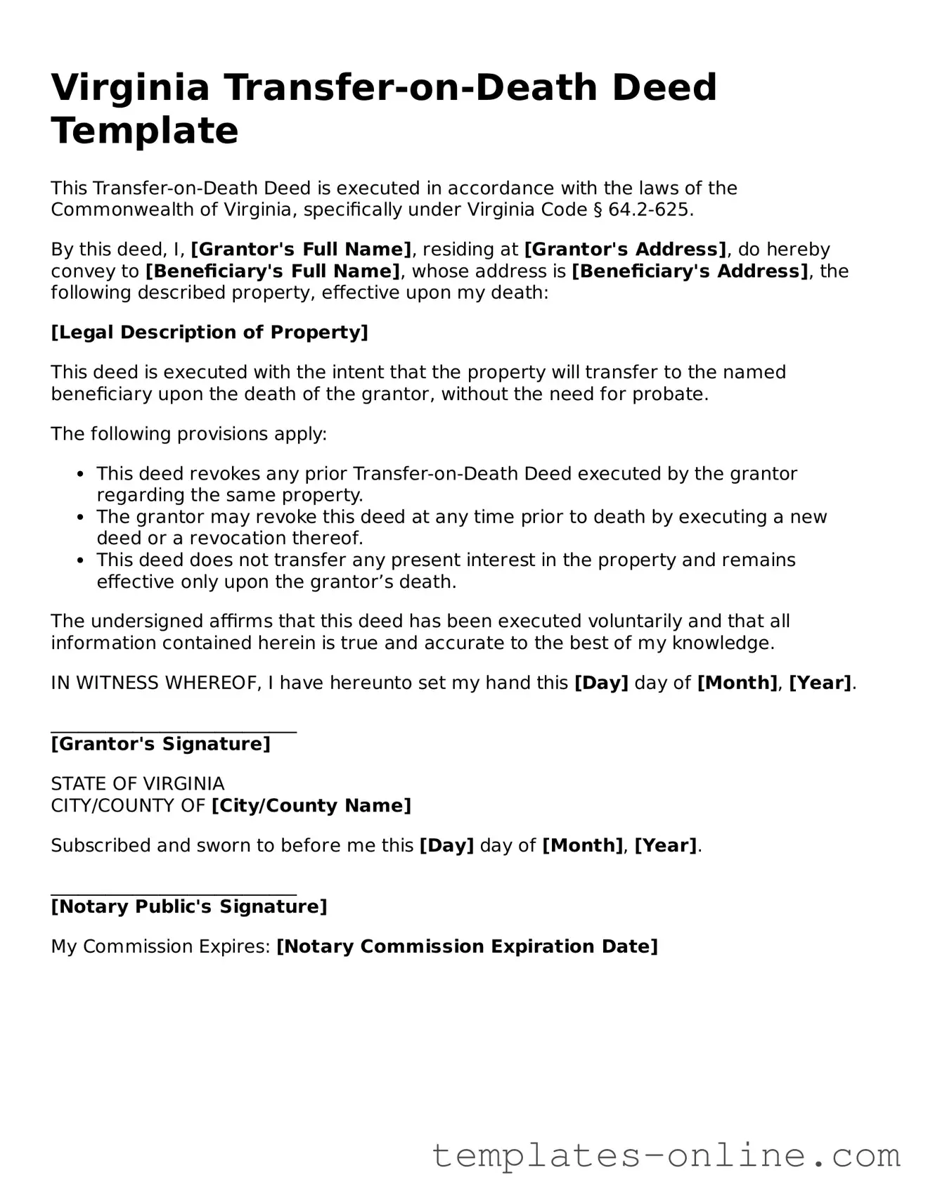 Valid  Transfer-on-Death Deed Template for Virginia