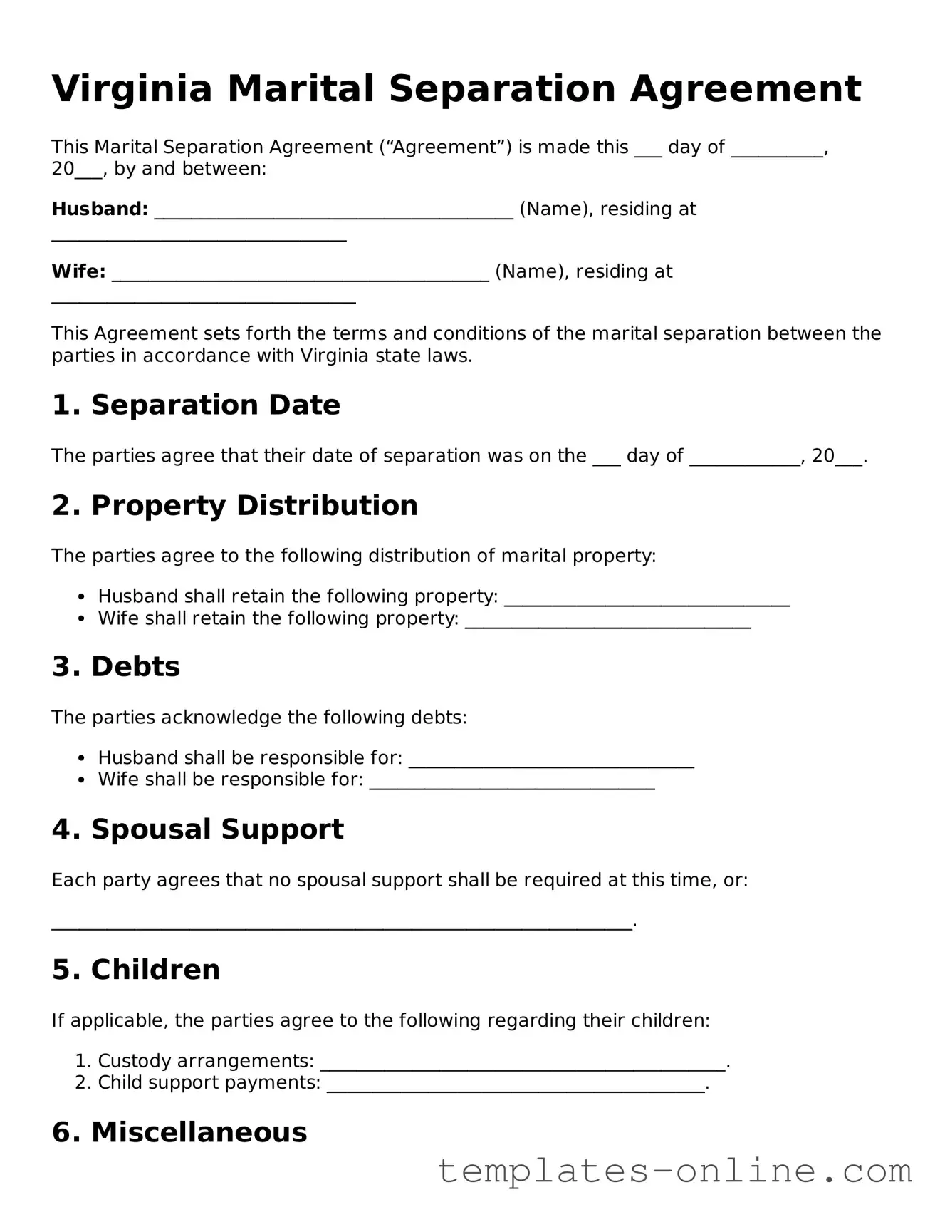 Valid  Marital Separation Agreement Template for Virginia