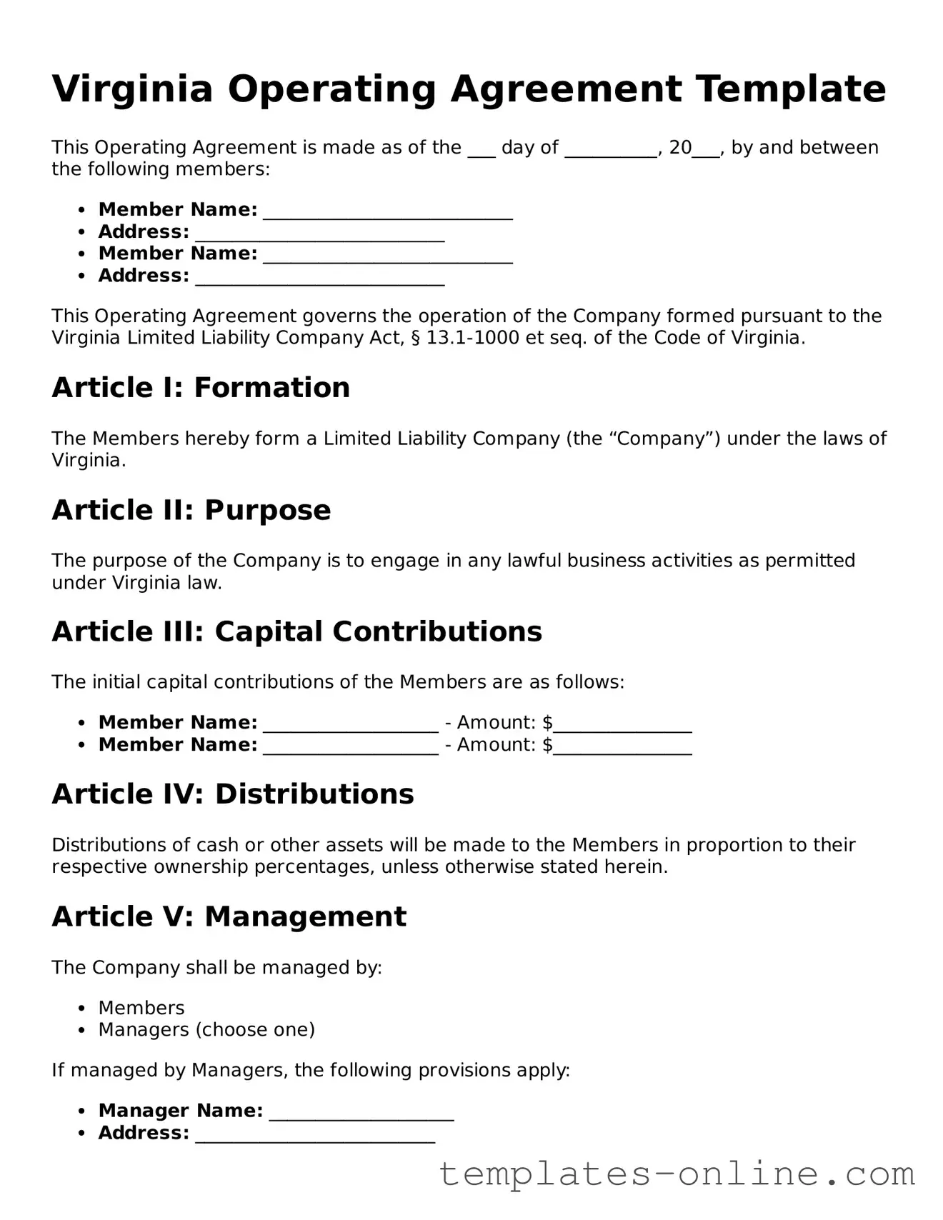 Valid  Operating Agreement Template for Virginia