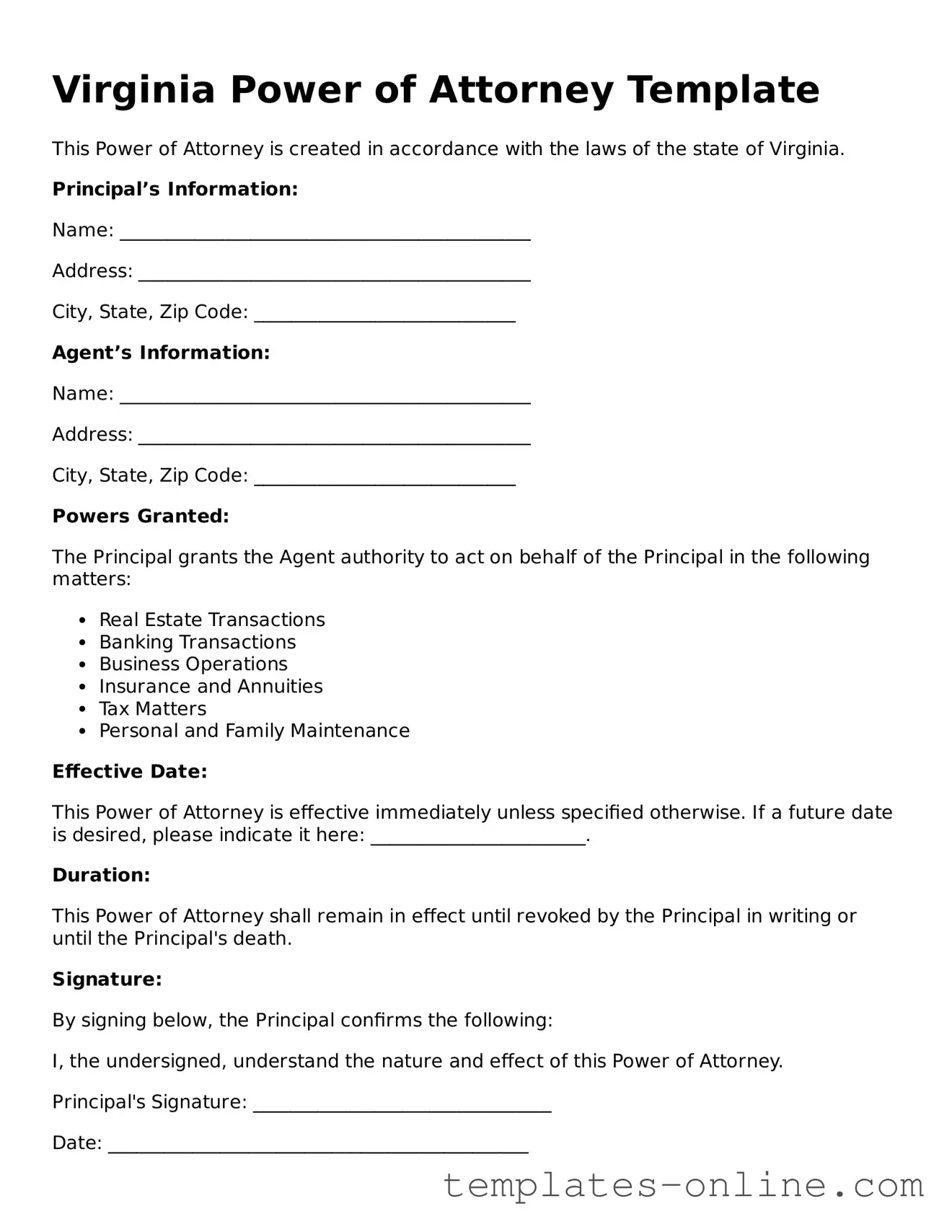 Valid  Power of Attorney Template for Virginia