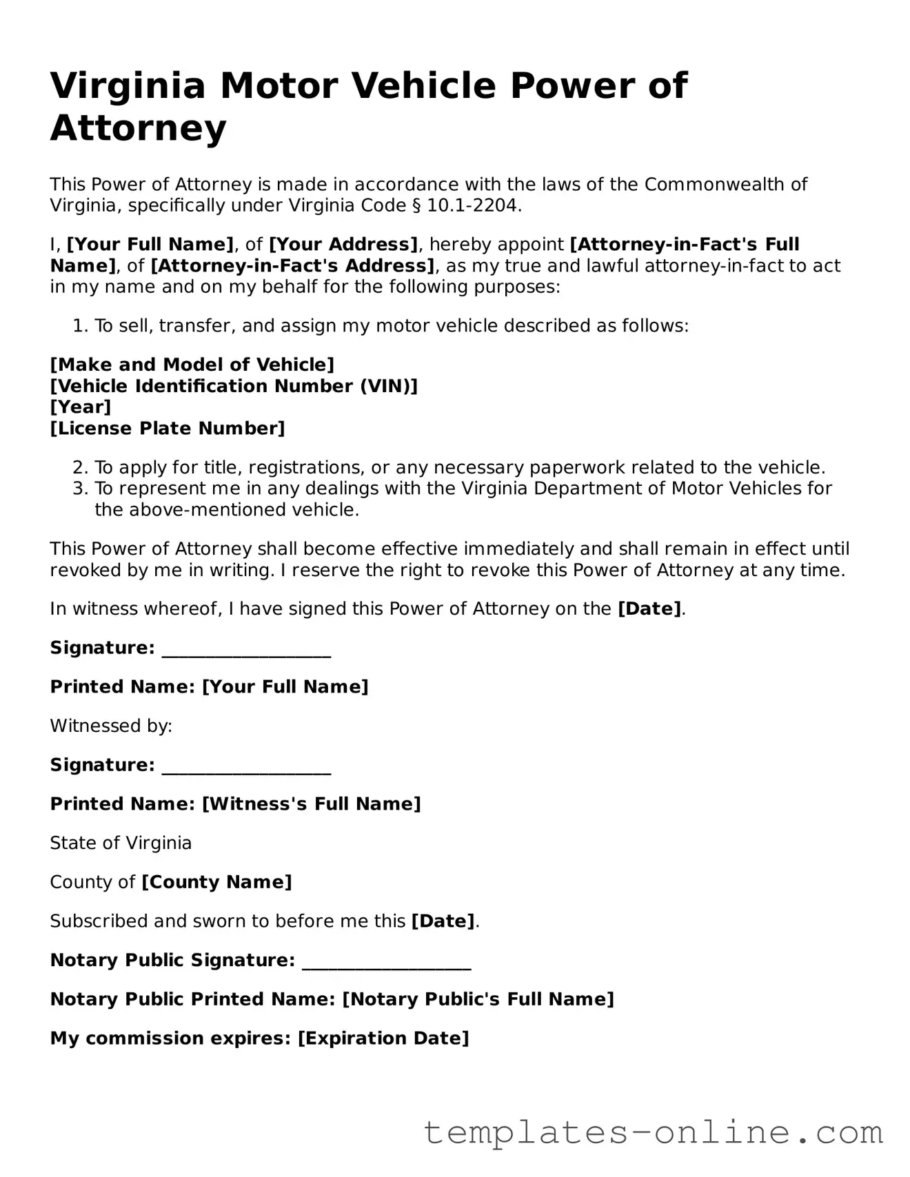 Valid  Motor Vehicle Power of Attorney Template for Virginia