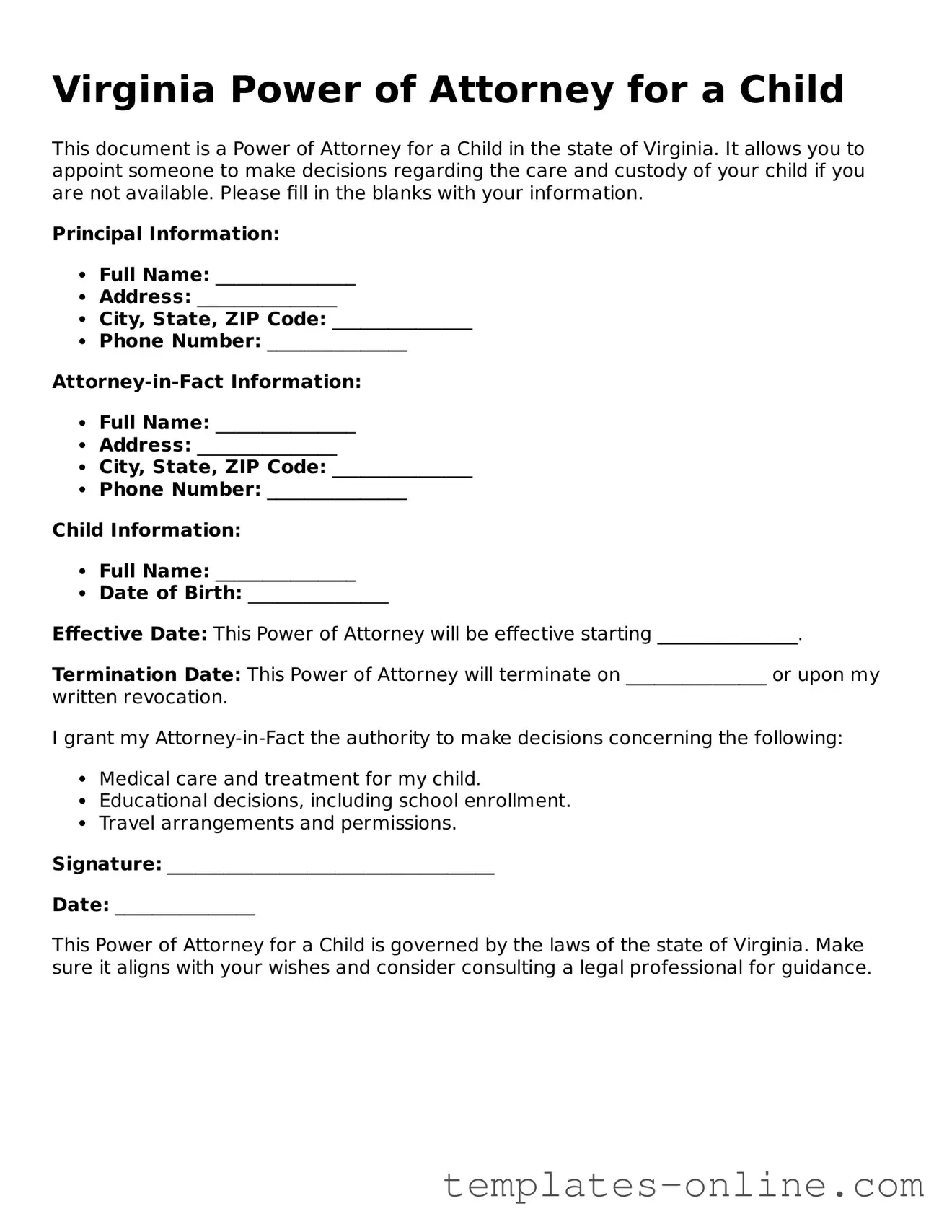Valid  Power of Attorney for a Child Template for Virginia