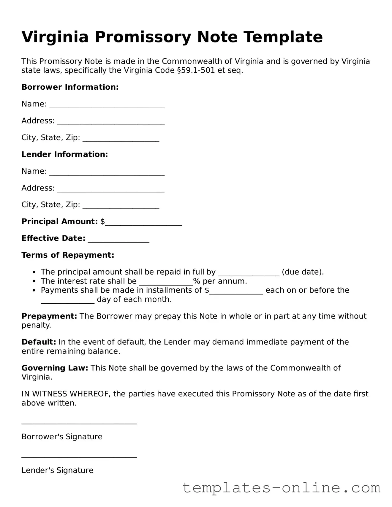 Valid  Promissory Note Template for Virginia