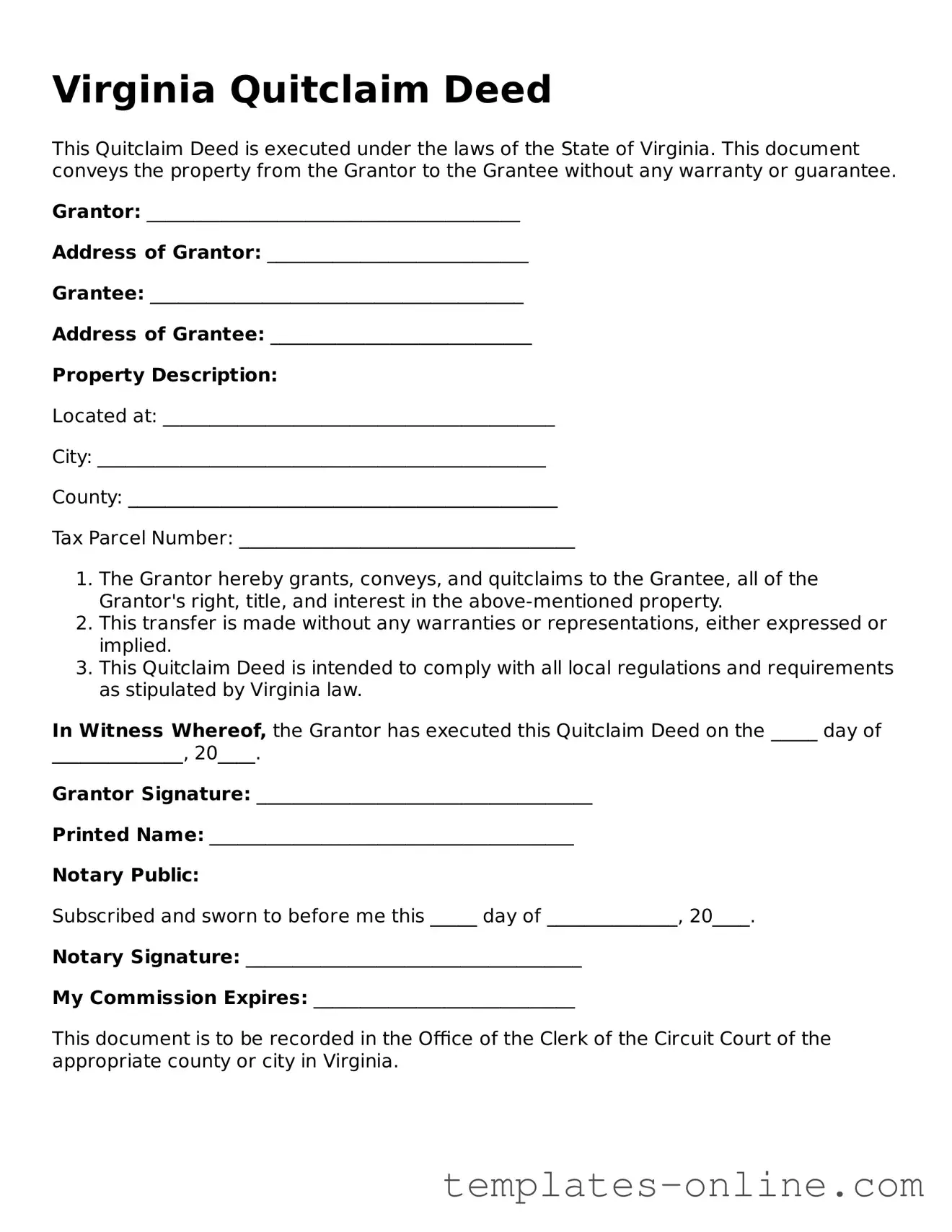 Valid  Quitclaim Deed Template for Virginia