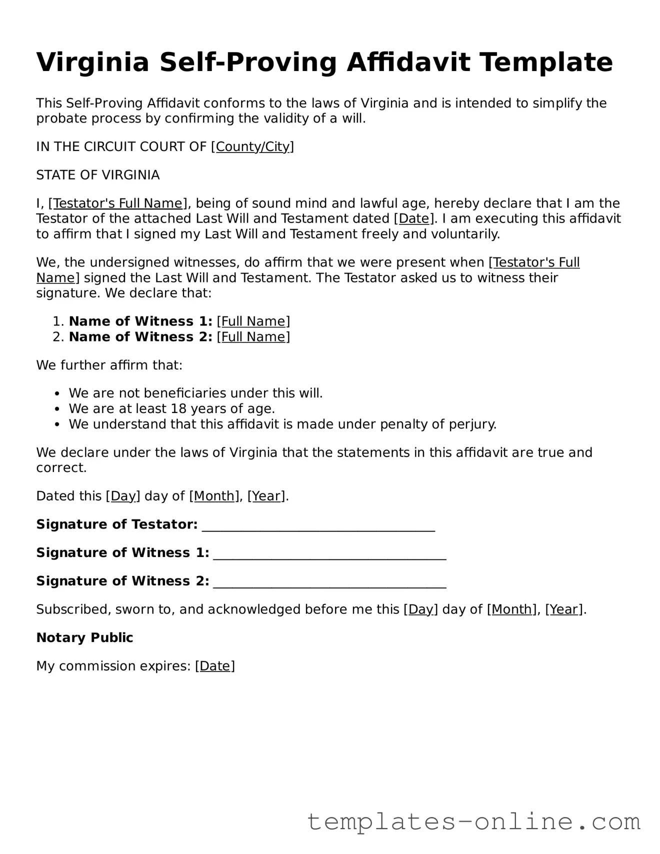 Valid  Self-Proving Affidavit Template for Virginia