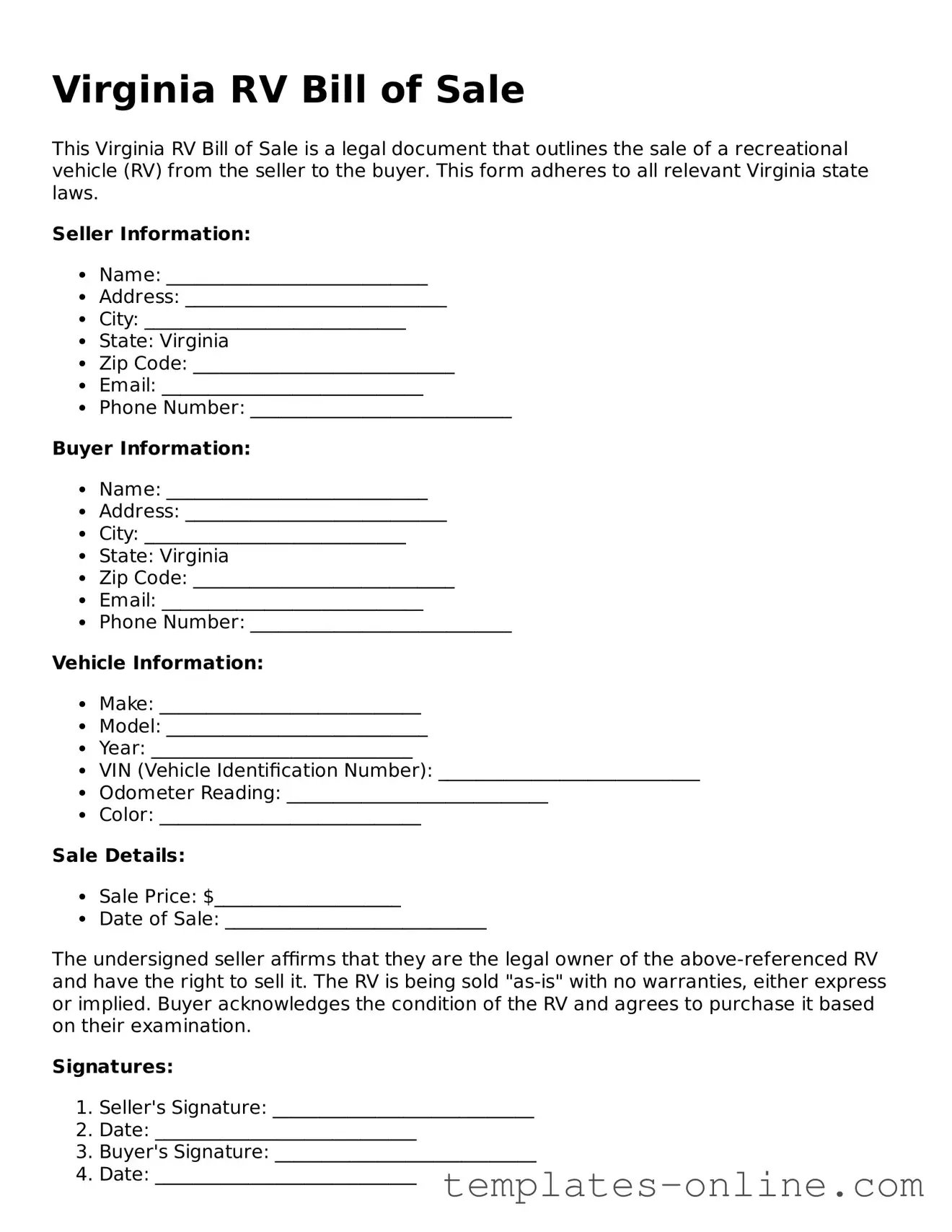 Valid  RV Bill of Sale Template for Virginia