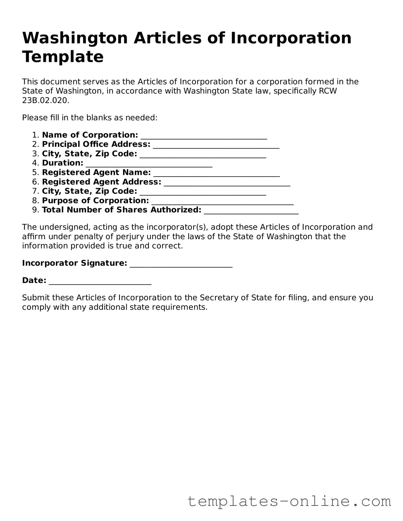 Valid  Articles of Incorporation Template for Washington