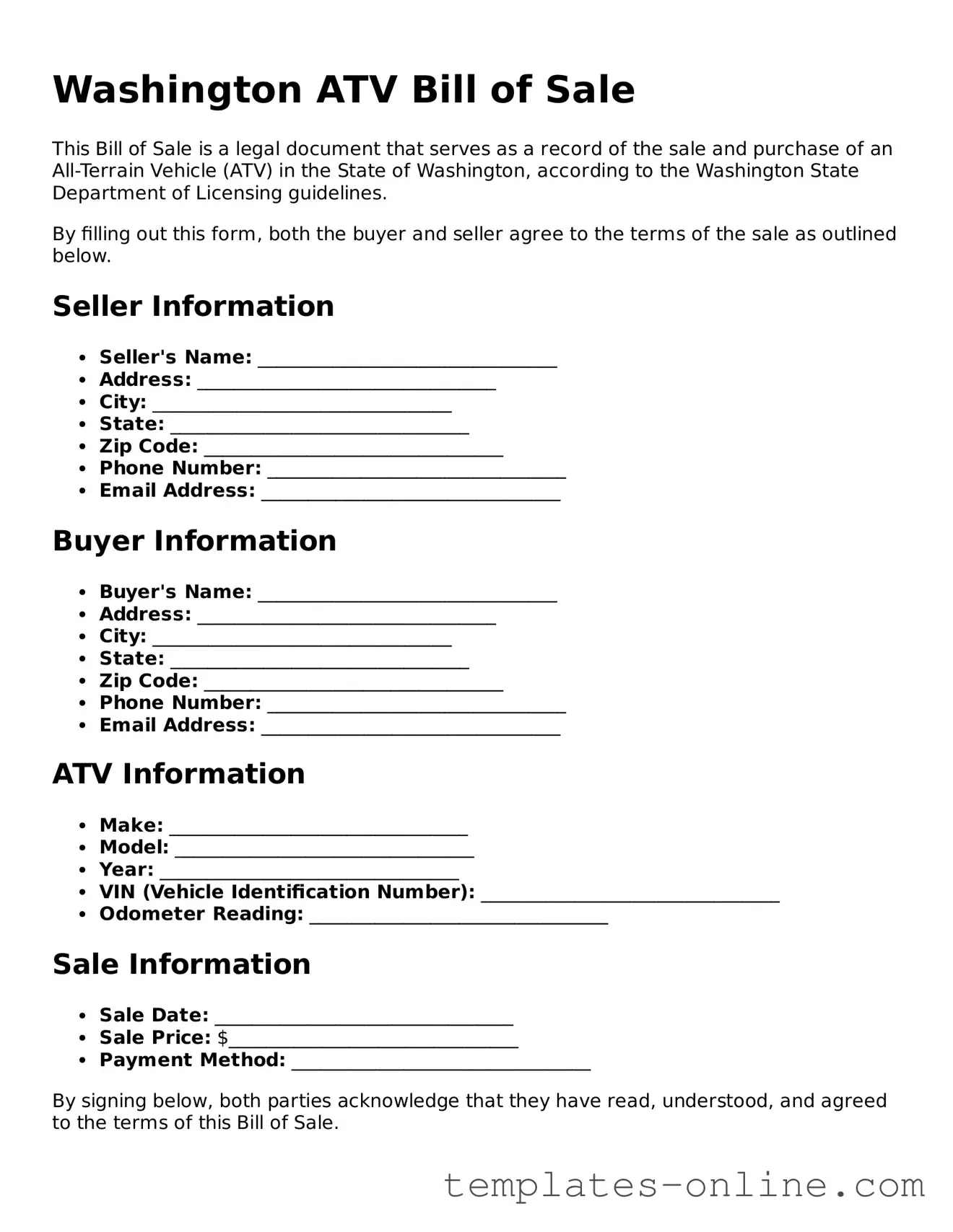 Valid  ATV Bill of Sale Template for Washington