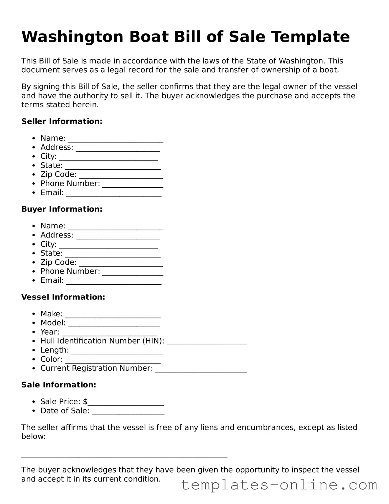 Valid  Boat Bill of Sale Template for Washington
