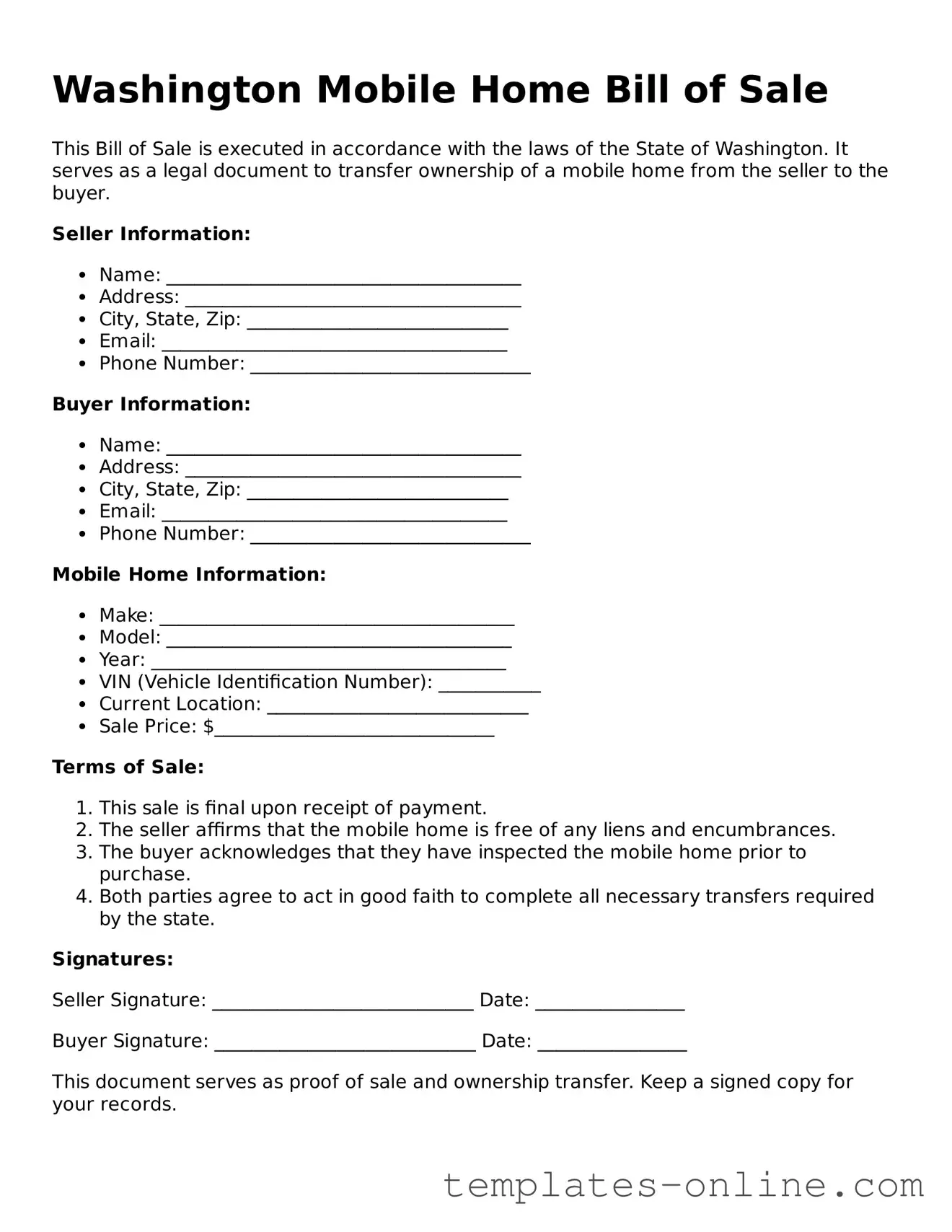 Valid  Mobile Home Bill of Sale Template for Washington