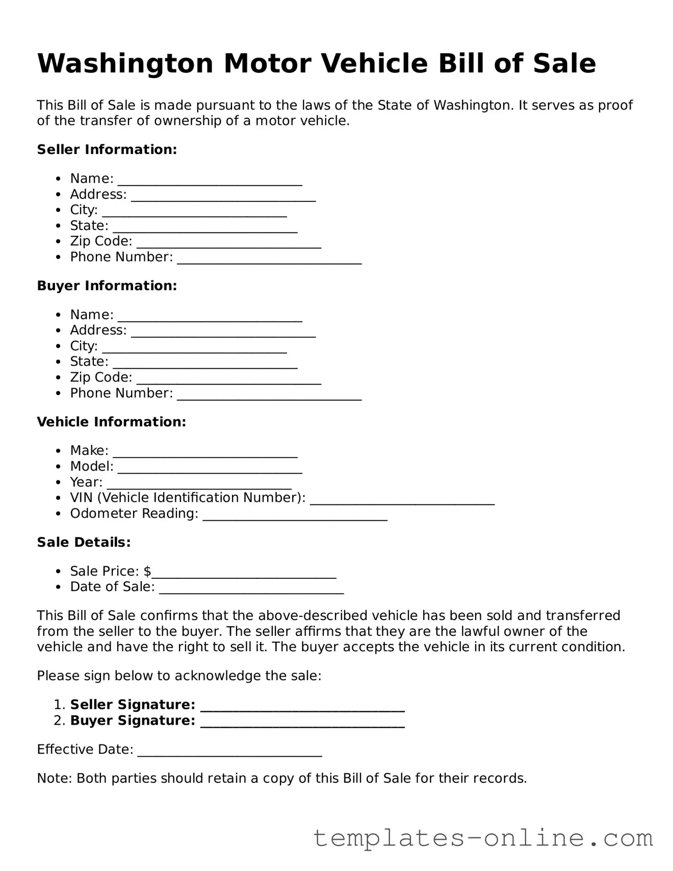 Valid  Motor Vehicle Bill of Sale Template for Washington