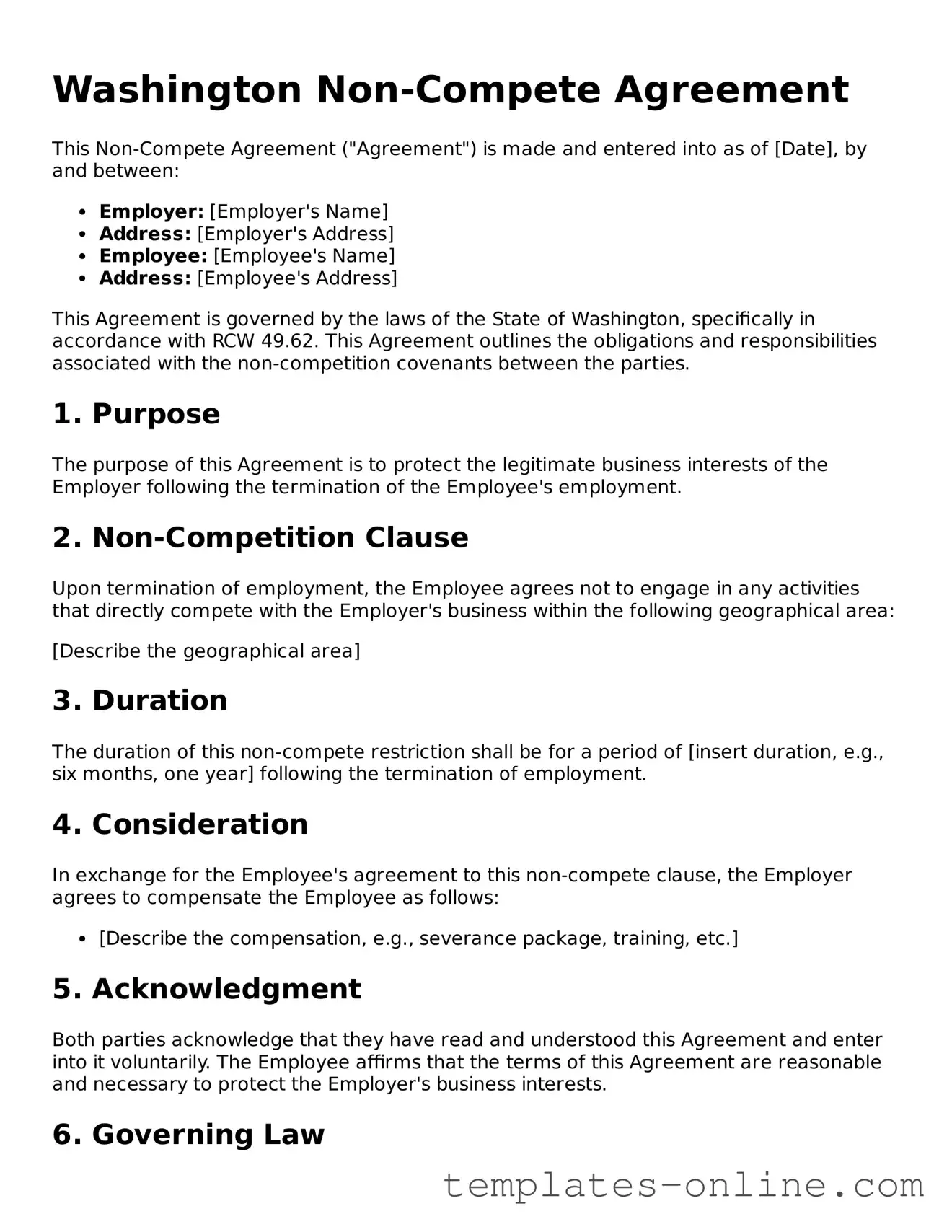 Valid  Non-compete Agreement Template for Washington