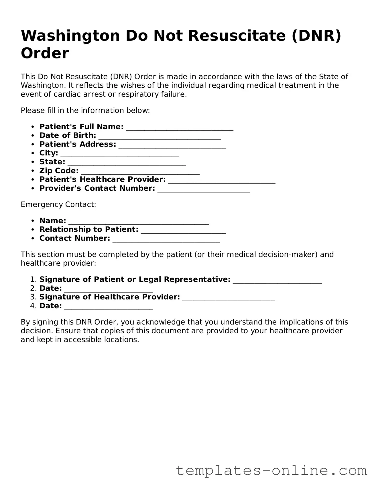 Valid  Do Not Resuscitate Order Template for Washington