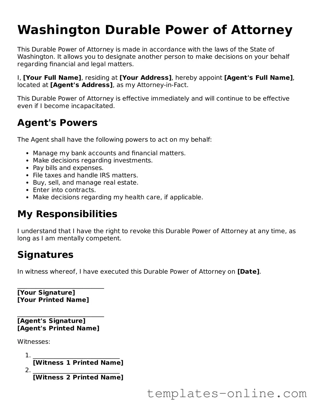 Valid  Durable Power of Attorney Template for Washington