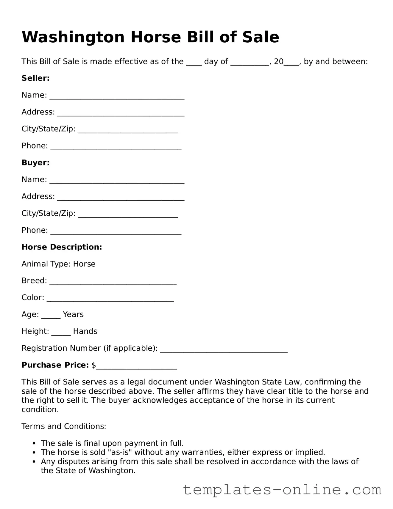 Valid  Horse Bill of Sale Template for Washington