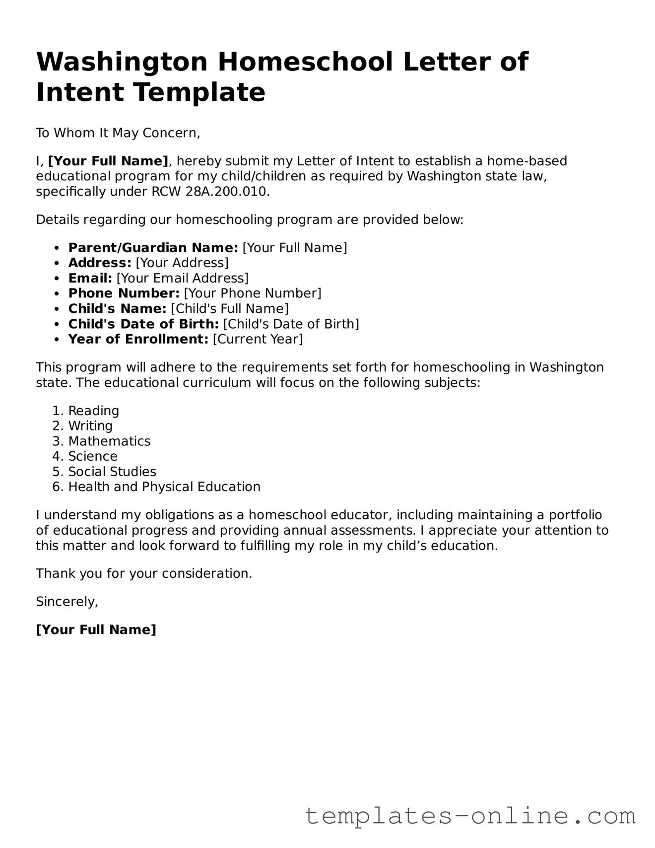 Valid  Homeschool Letter of Intent Template for Washington