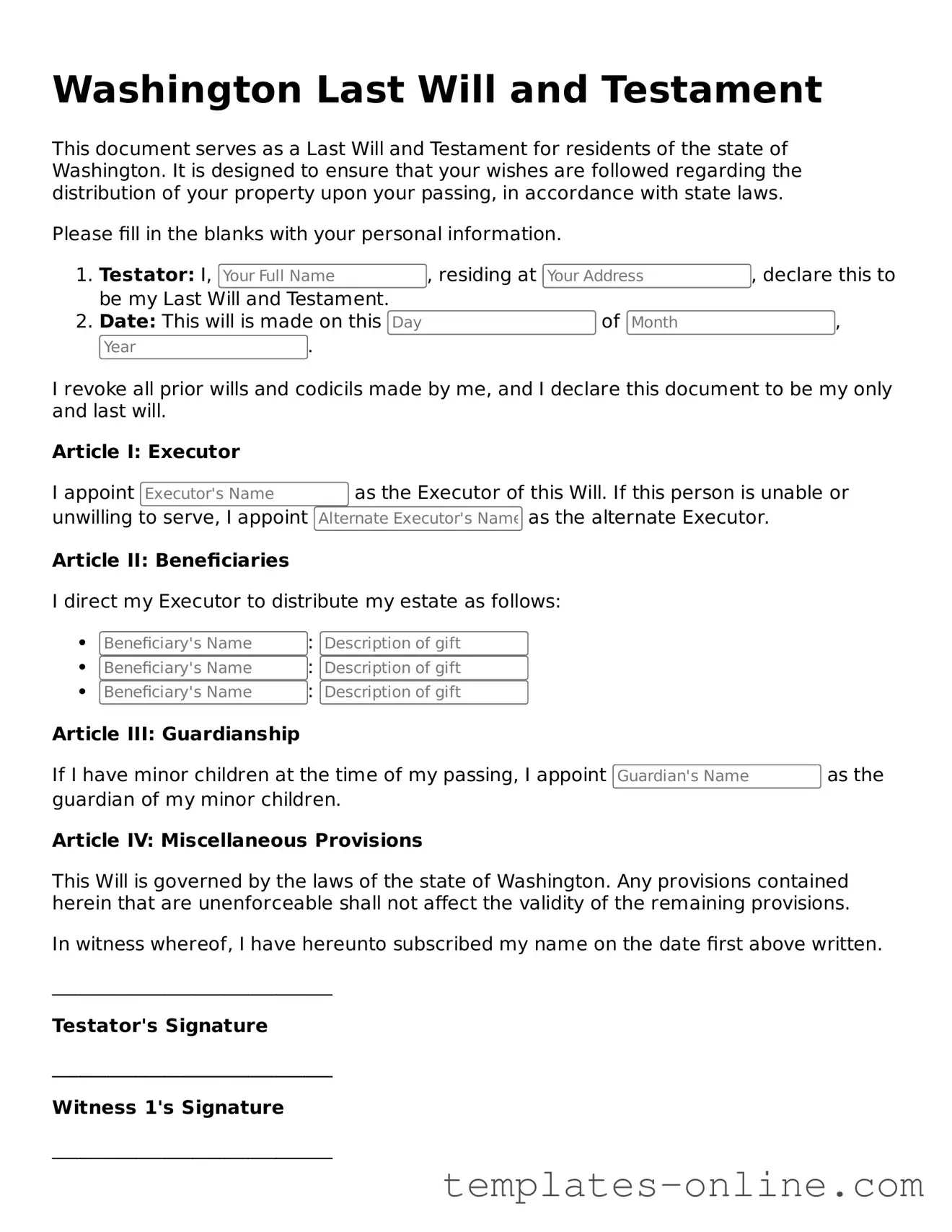 Valid  Last Will and Testament Template for Washington