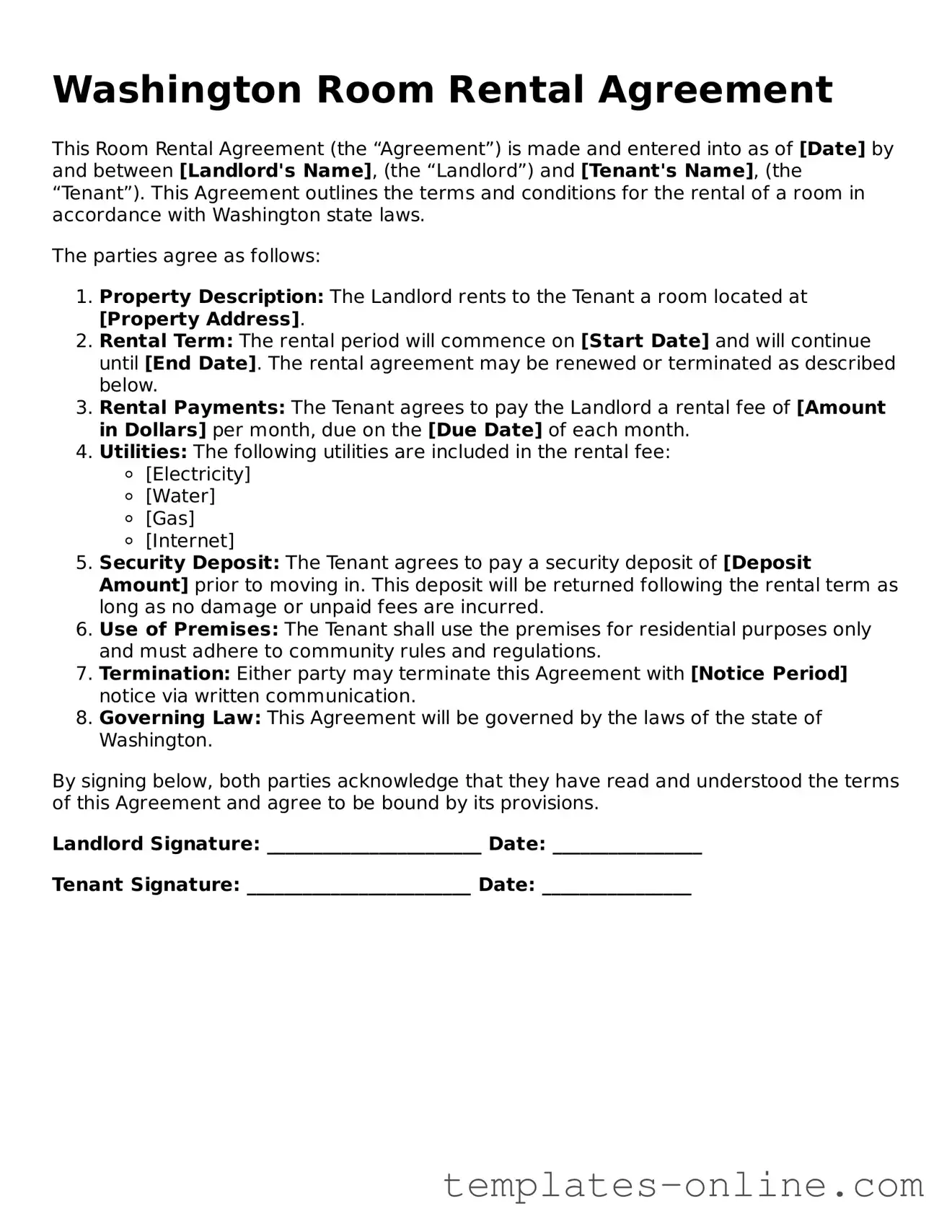 Valid  Room Rental Agreement Template for Washington