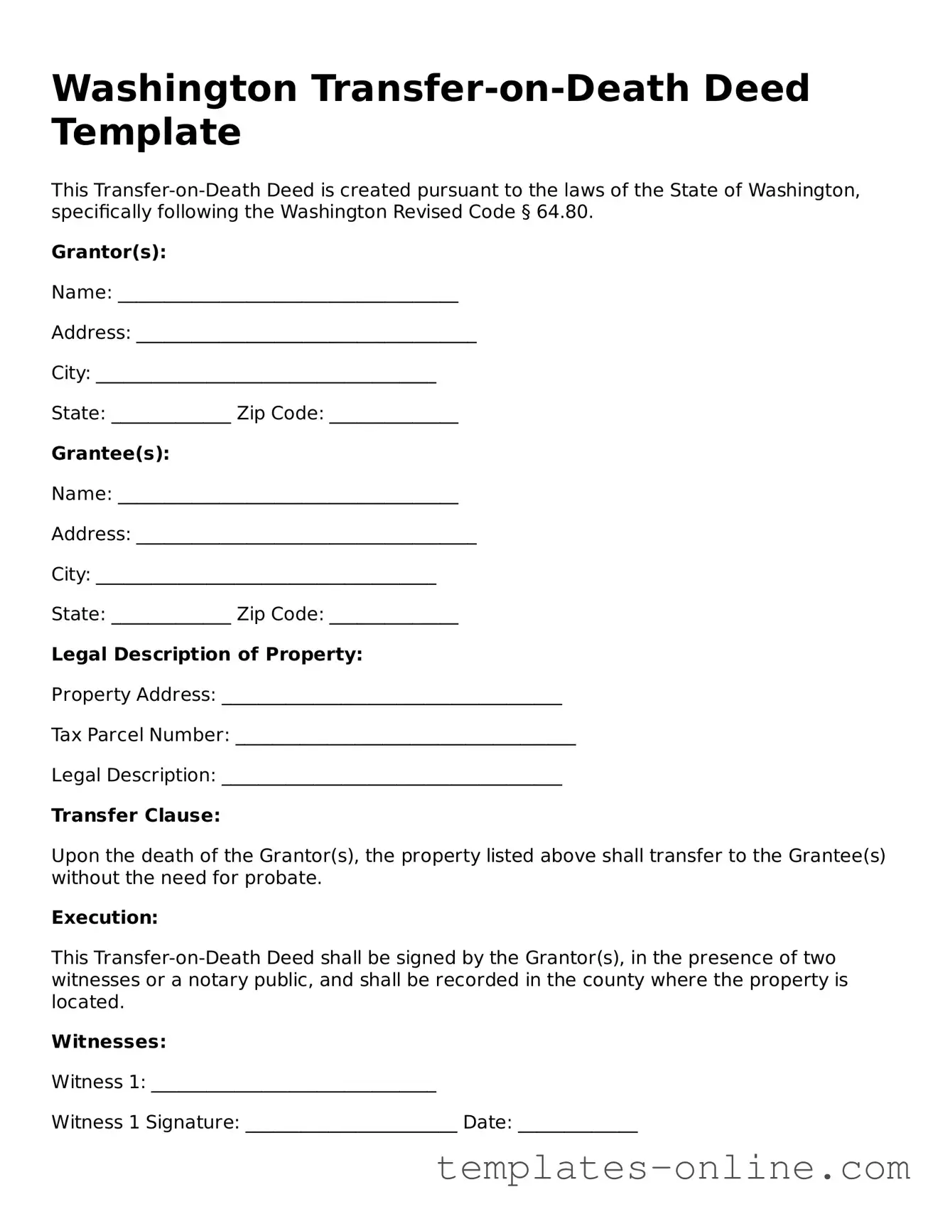 Valid  Transfer-on-Death Deed Template for Washington
