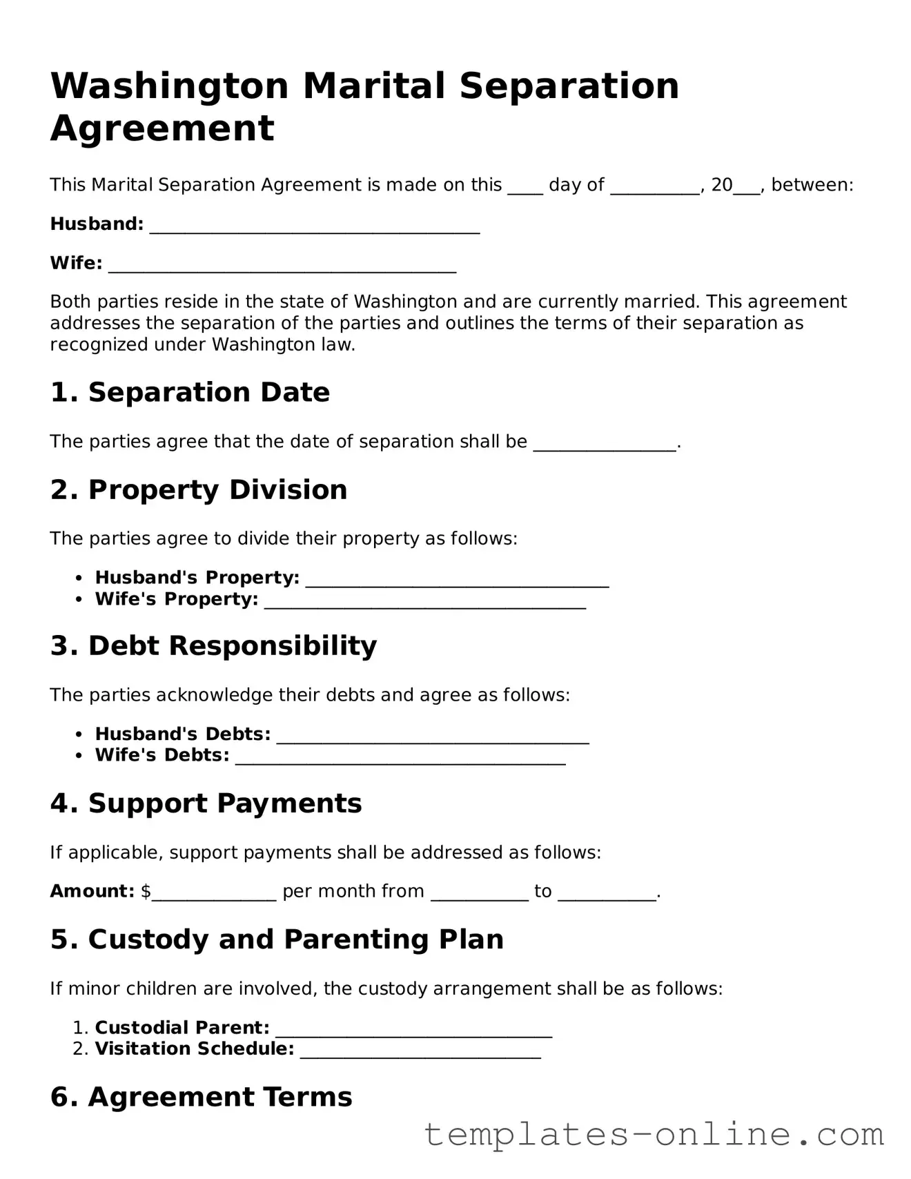 Valid  Marital Separation Agreement Template for Washington