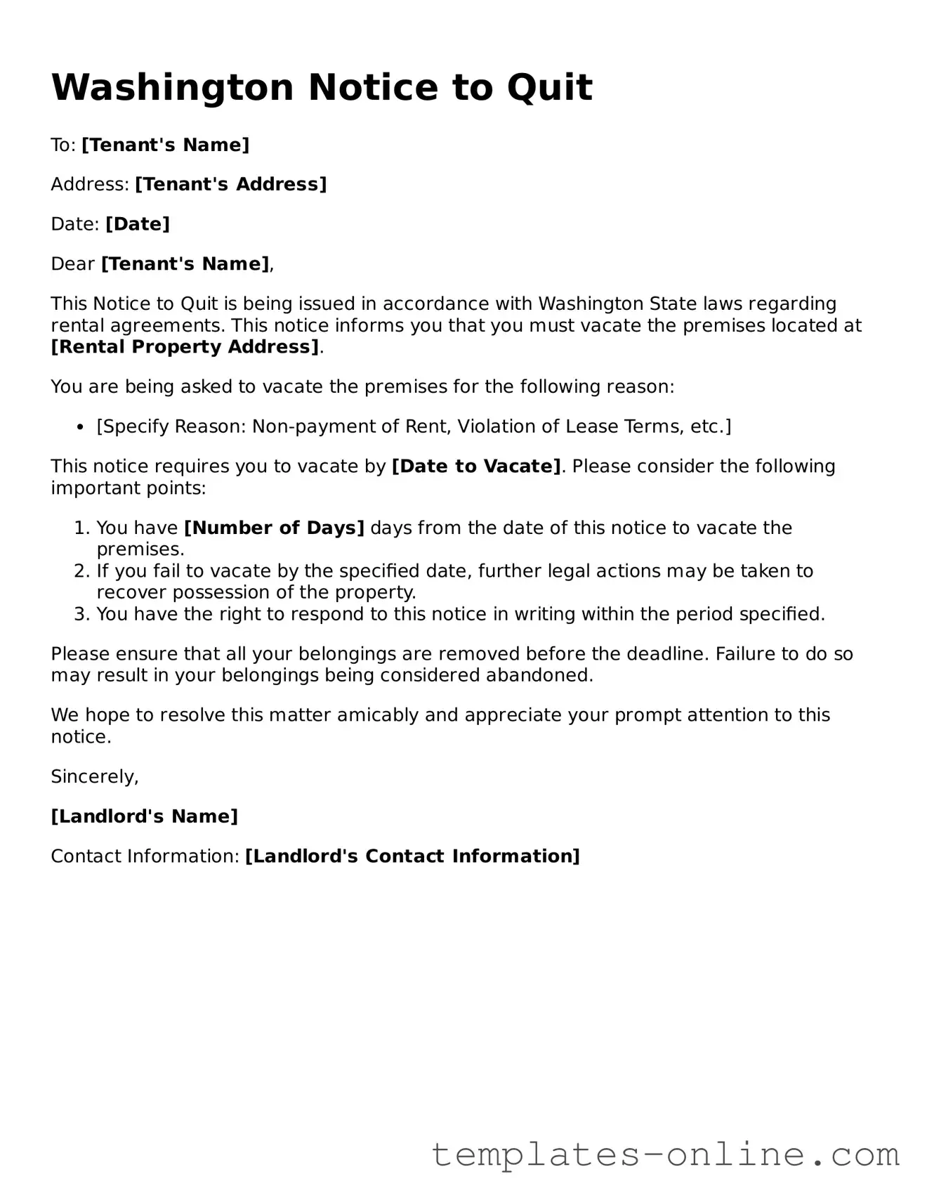 Valid  Notice to Quit Template for Washington