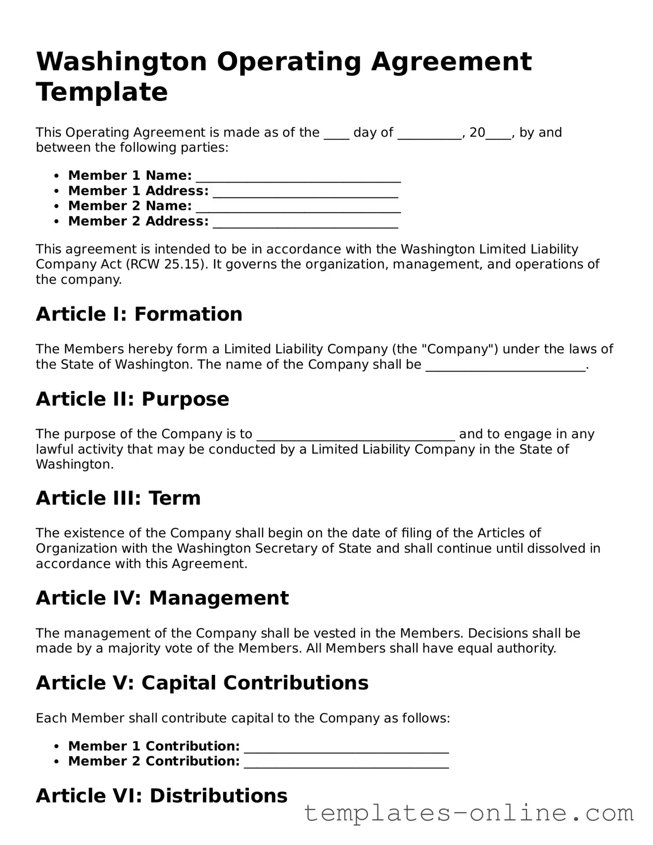 Valid  Operating Agreement Template for Washington