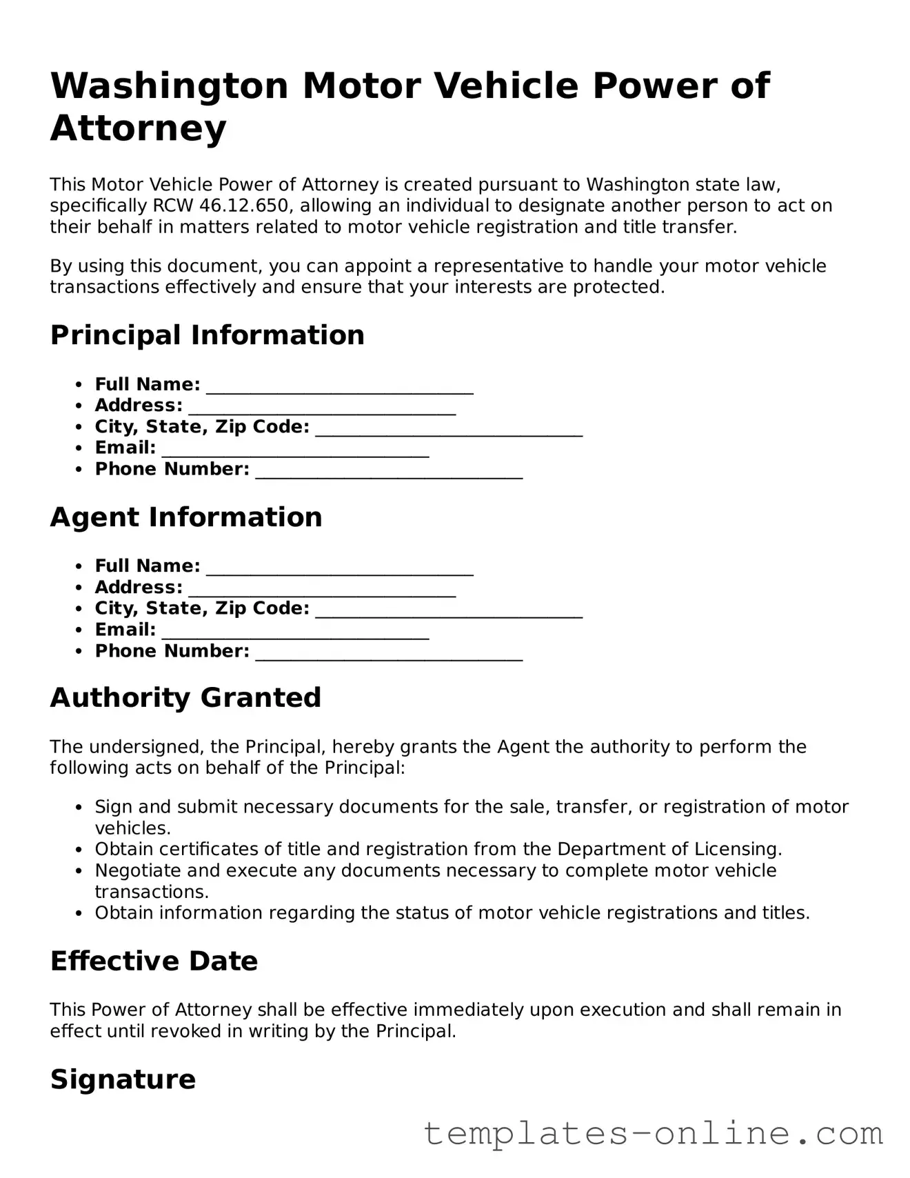 Valid  Motor Vehicle Power of Attorney Template for Washington