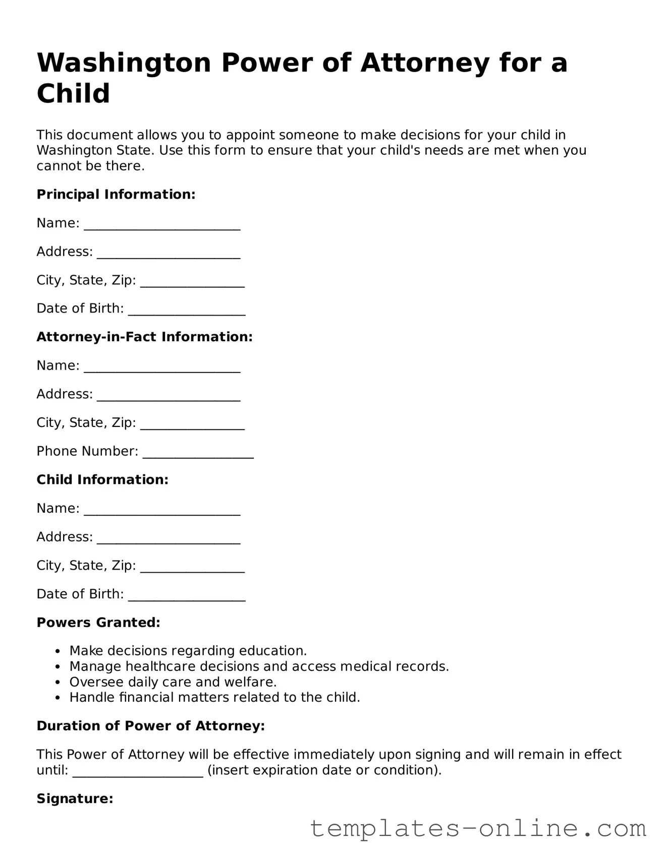 Valid  Power of Attorney for a Child Template for Washington