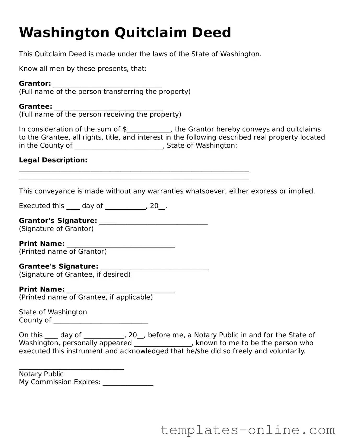 Valid  Quitclaim Deed Template for Washington