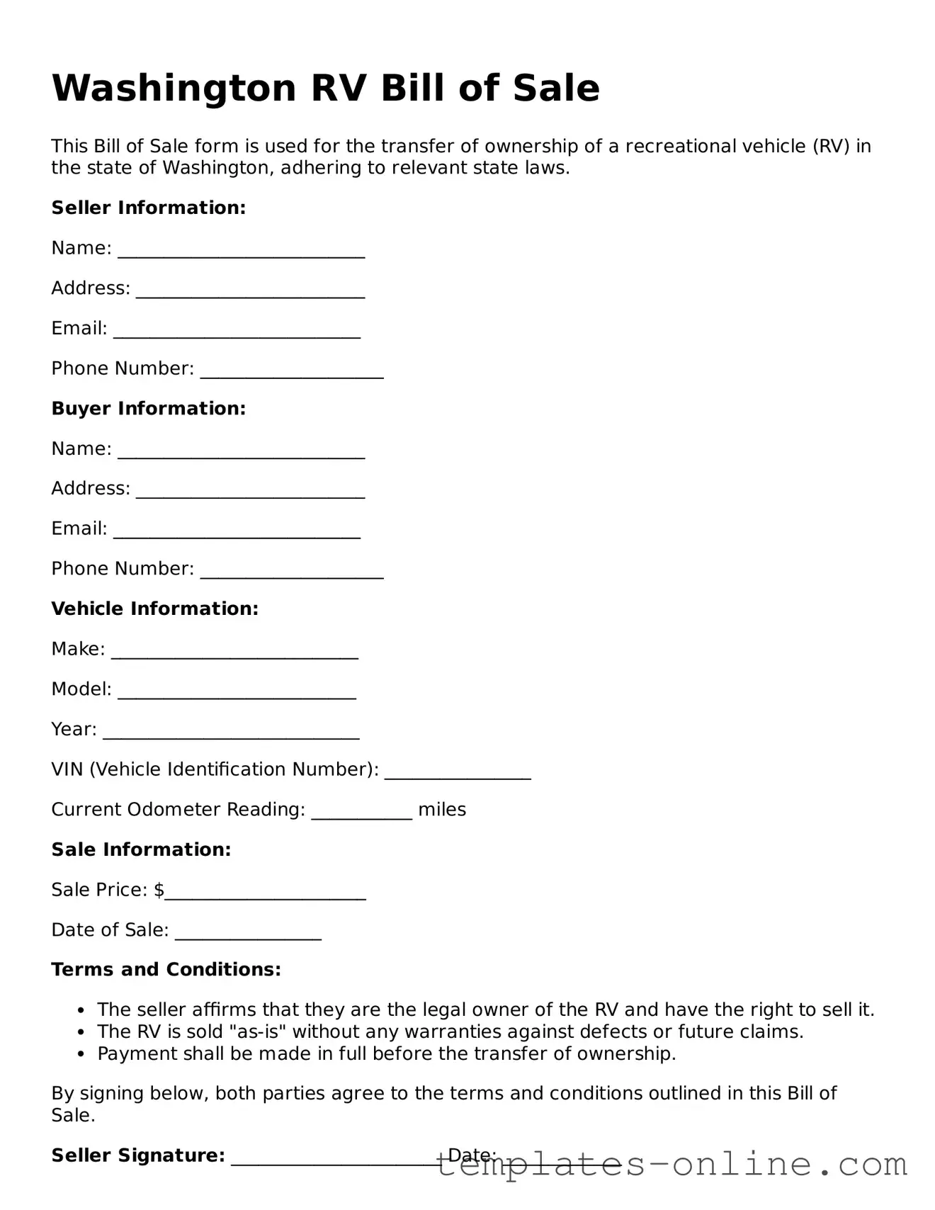 Valid  RV Bill of Sale Template for Washington